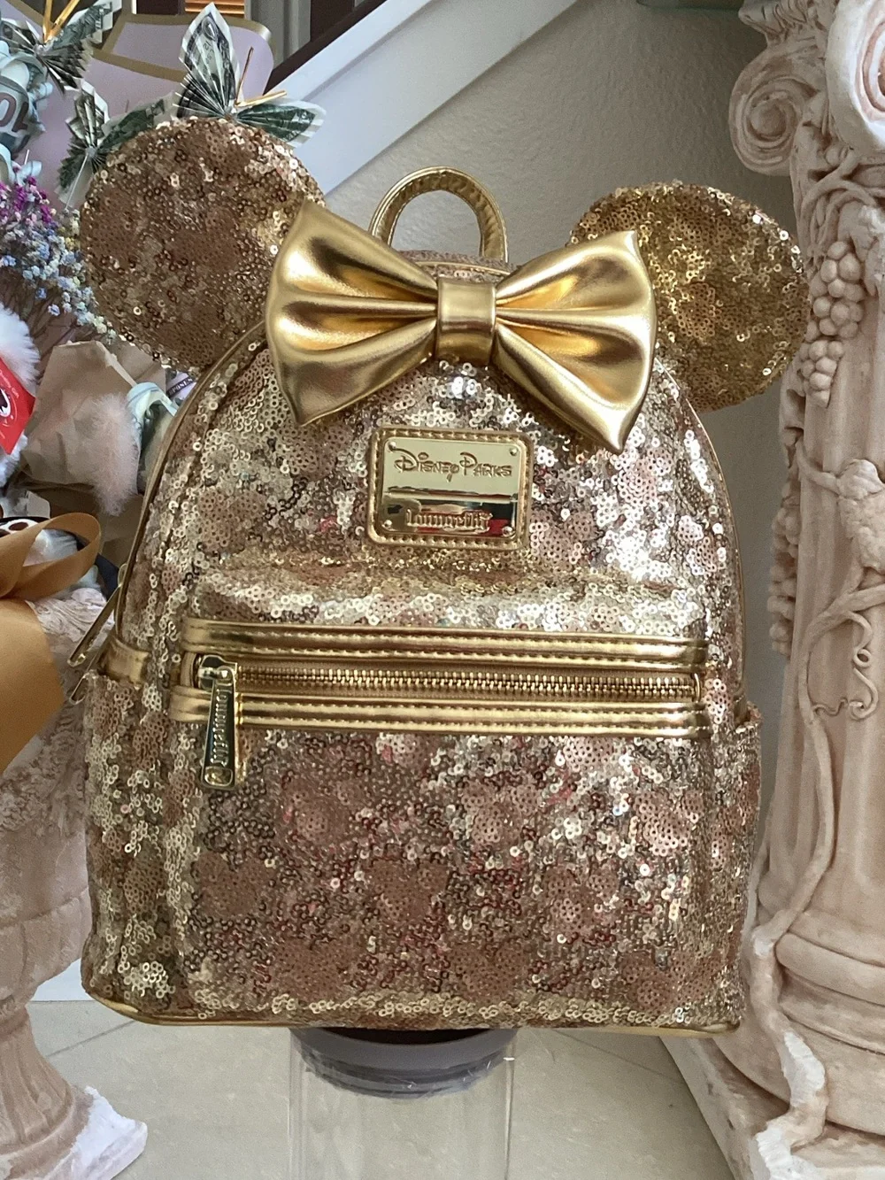 Disney Gold Sequin Minnie Backpack with gold Bow